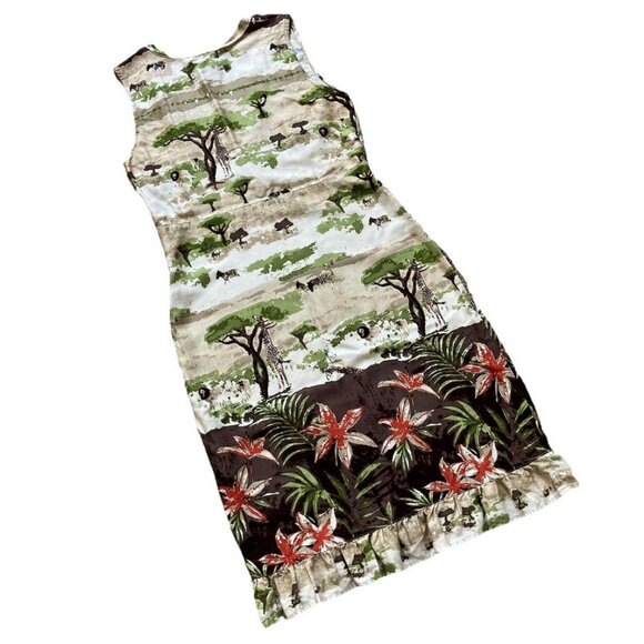 Safari Print Sleeveless Dress Empire Waist Vintage Y2K Line Two Women's Medium - Picture 5 of 7